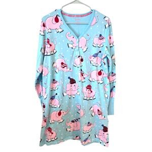 Nick & Nora Long Sleeve Nightshirt Sleep Dress Pink Elephant Skating Size Large